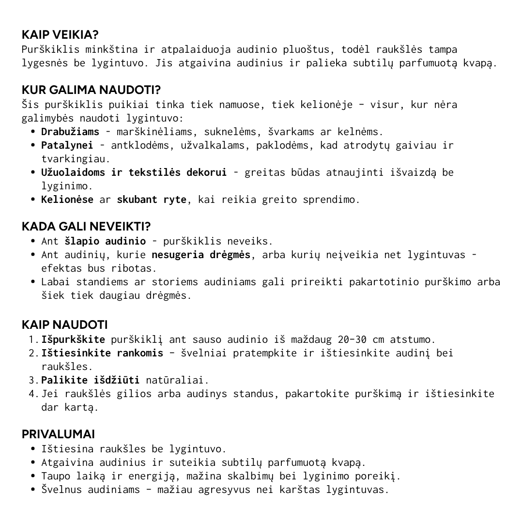 Purškiklis audinių raukšlėms naikinti